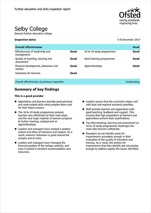 Image of Ofsted Report: Selby College 2017 cover