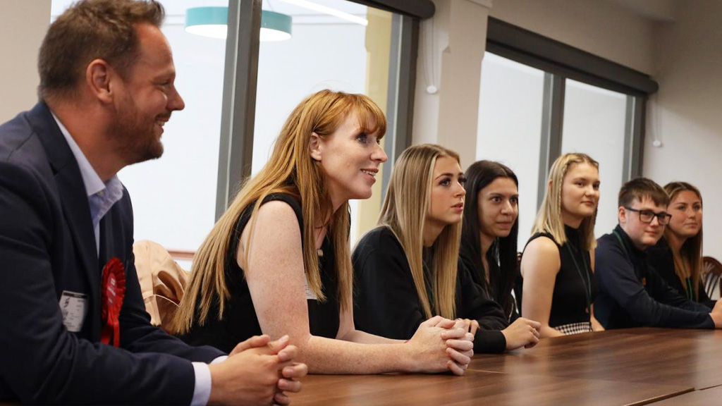 Angela Rayner and Simon Lightwood speaking with A Level students